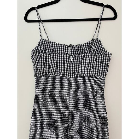 J Crew Smocked Black White Gingham Tie Front Midi Dress Bodycon Fitted NWT 00 - Picture 12 of 14